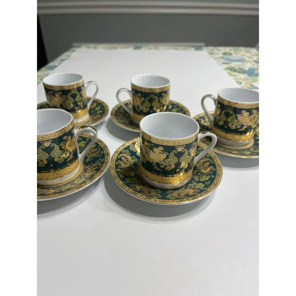 Italy Design Heavy Gold & Green Chicken Rooster Floral Demitasse Cup Saucer 10pc
